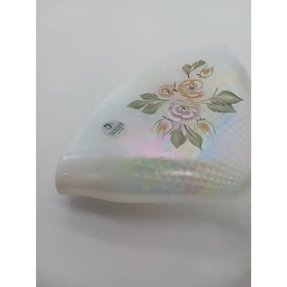 Fenton Iridescent White Opalescent Romance Hand Painted Floral Fan Vase Signed